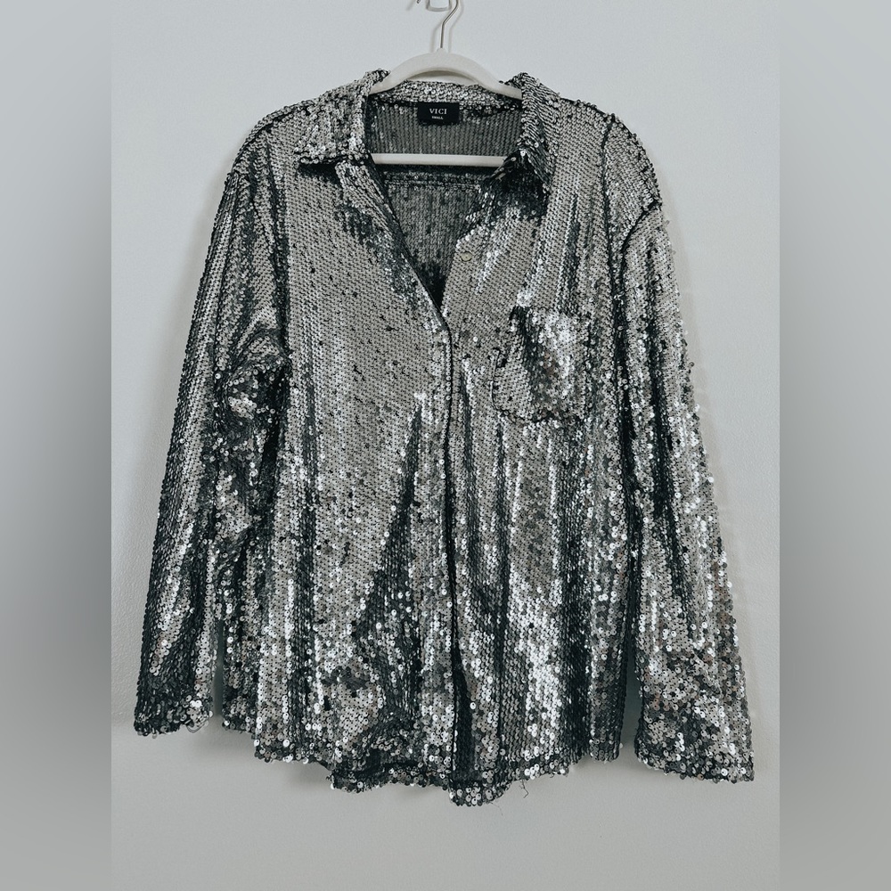 Vici Be A Star Sequins Button Down Top, Silver - image 2
